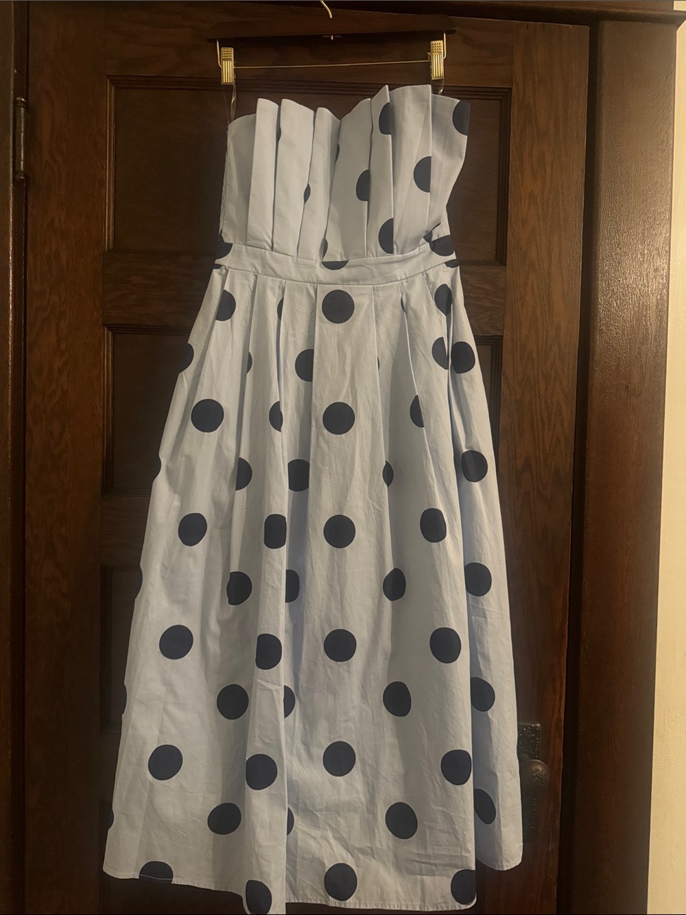 entro Strapless Light Blue Dress with Navy Polka Dots